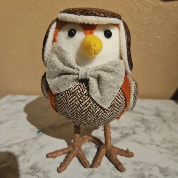 Target Fall Autumn Whimsical Felt Tweed Bird Figurine With Hat & Bow Tie - Picture 1 of 4
